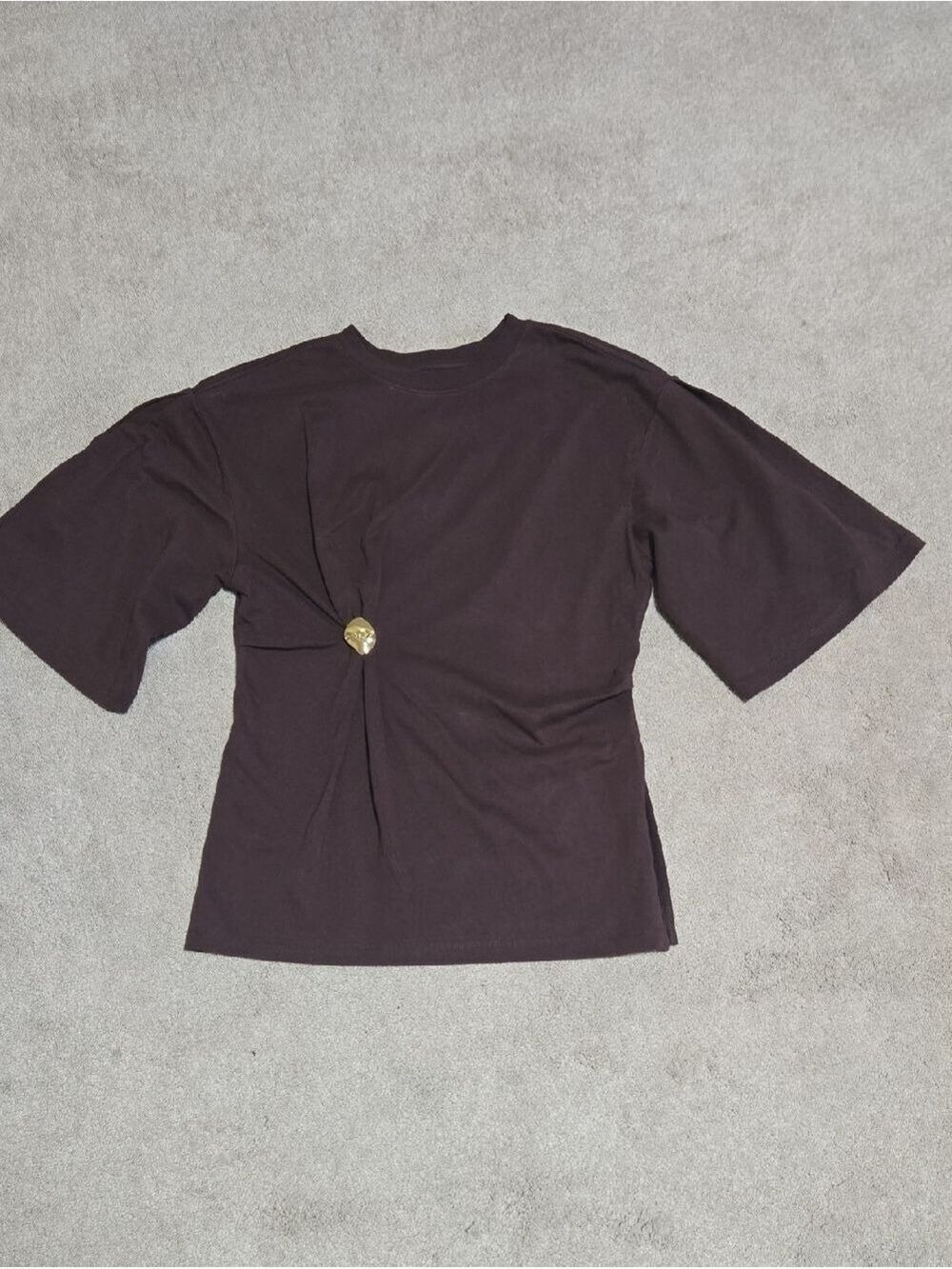 LOFT Chocolate Brown Short-Sleeve Twist Front Top with Gold Accent